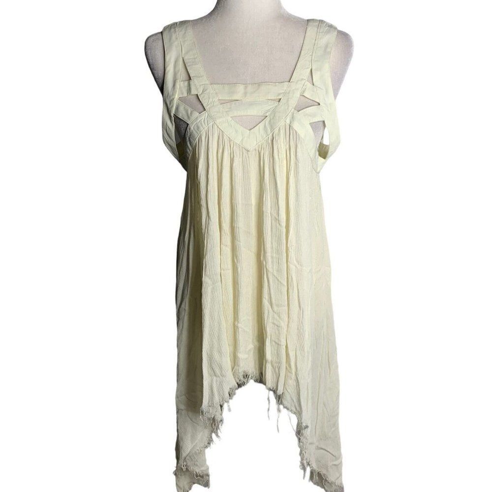 Penelope Babydoll Tunic Top Mini Dress L Cream Strappy Handkerchief Raw Hem